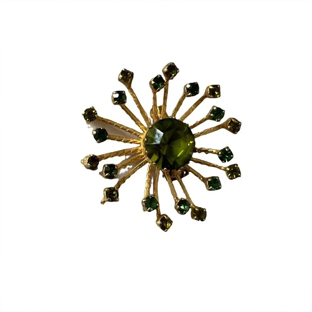 Vintage Rare Boho Fashion Brooch Gold Tone Green Rhinestones